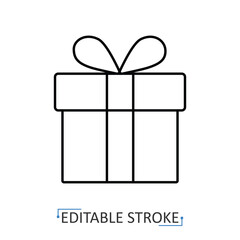 A closed gift box icon in minimalist style with editable stroke. Present package, holiday decor, celebration element, festive design, birthday gift, surprise box, special occasion symbol.