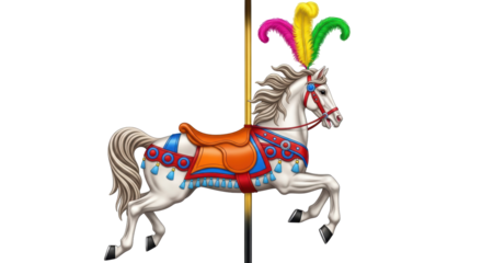 Isolated vintage carousel horse with feathers, carnival theme ride horse for vintage amusement parks