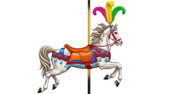 Isolated vintage carousel horse with feathers, carnival theme ride horse for vintage amusement parks