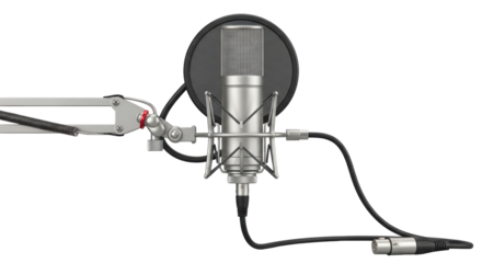 Isolated microphone with pop filter and cable on a stand ready for recording studio sessions