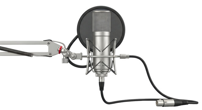 Isolated microphone with pop filter and cable on a stand ready for recording studio sessions