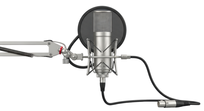Isolated microphone with pop filter and cable on a stand ready for recording studio sessions