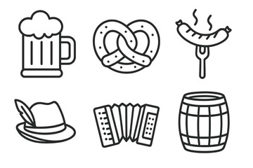 Oktoberfest icons set with beer, pretzel, sausage, hat, accordion, and barrel. German festival vector line art. Traditional Bavarian food, drink, and music symbols.