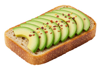 Isolated avocado toast, healthy breakfast of bread slice topped with avocado, pepper flakes