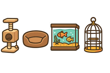 Pet furniture vector icon set. Simple cartoon illustration collection with a cat tree, dog bed, fish tank aquarium, and bird cage. Domestic animal care accessories.
