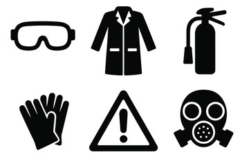 Safety equipment icon set. Personal protective equipment PPE symbols. Laboratory, chemical hazard and fire safety. Goggles, lab coat, gloves, extinguisher, gas mask.