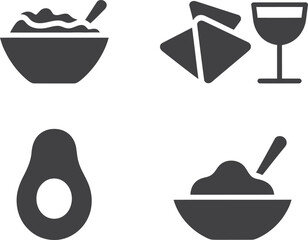 Set of four dark gray icons representing avocado and guacamole with chips and wine