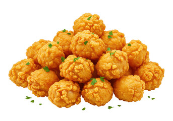 Isolated pile of golden crispy fried chicken poppers with herb sprigs for food shots