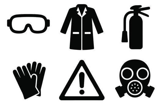 Safety equipment icon set. Personal protective equipment PPE symbols. Laboratory, chemical hazard and fire safety. Goggles, lab coat, gloves, extinguisher, gas mask.