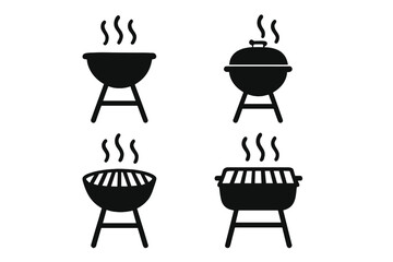Black silhouette barbecue grill icons set with steam symbols, simple vector cartoon illustration, various grill shapes and styles, transparent background, cooking and outdoor BBQ theme