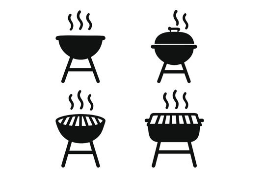 Black silhouette barbecue grill icons set with steam symbols, simple vector cartoon illustration, various grill shapes and styles, transparent background, cooking and outdoor BBQ theme