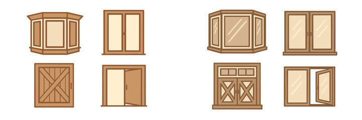 Different styles of wooden windows showcasing various designs, shapes, and opening mechanisms for home architecture and decor