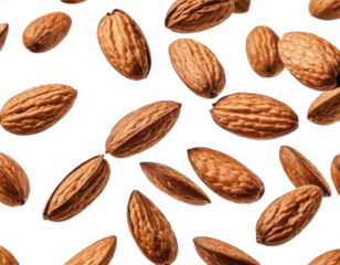a handful of almonds in the air, transparent background