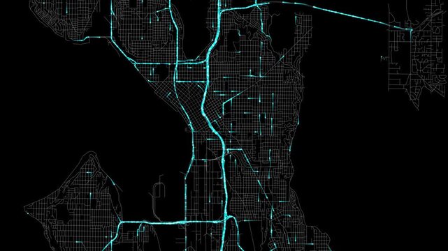 Urban Traffic Flow Map Simulation in Seattle, Washington, GPS Smart city route Transportation