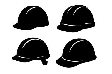 Silhouette set of black and white safety helmet icons, vector cartoon construction helmets, protective hard hats collection, industrial headgear symbols, worker safety gear illustrations