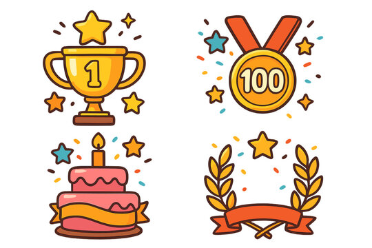 Set of colorful cartoon achievement icons. Trophy for first place, medal for 100 points, celebration cake, laurel wreath. Vector graphics for game rewards, winner, level up.