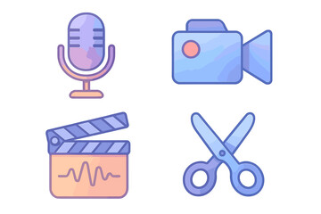 Soft gradient multimedia icons set for audio and video recording, editing, and production tools, vector cartoon illustration with transparent background, creative multimedia design elements