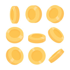A set of different positions of a gold coin on a white background. Symbol of money.