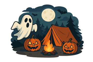 Spooky Halloween night camping scene with glowing jack-o'-lantern pumpkins, ghost, campfire, full moon, bats, and pine trees. Scary autumn forest outdoors vector illustration.