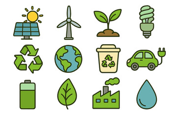 Eco icons set of renewable energy and sustainability. Vector cartoon illustration collection. Green power, recycling, environment conservation symbols. Solar, wind, electric car.
