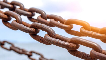 Rusty metal chains against a soft sky