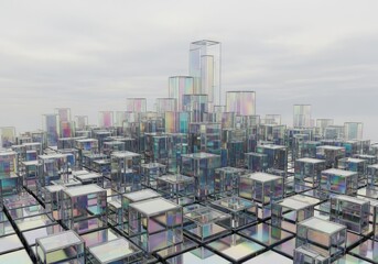 Abstract Skyline of Reflective Cubic Structures Under Sky with Clouds Patterned Surface