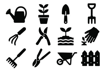 Obraz premium Gardening icon set. Black silhouette vector illustration of garden tools and equipment. Collection for horticulture includes rake, shovel, watering can, plant, seedling.