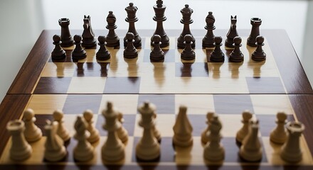 Wooden Chessboard with Dark and Light Pieces in Starting Position for Strategic Board Game