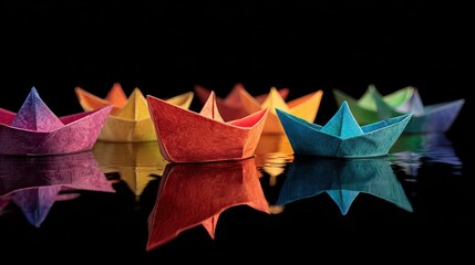 Colorful Origami Paper Boats Floating on Dark Water with Reflections
