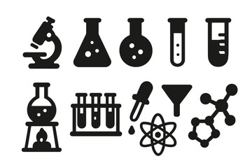 Science and chemistry lab equipment icons set. Minimalist silhouette vector illustration of microscope, test tube, flask, beaker, atom, molecule for scientific research.
