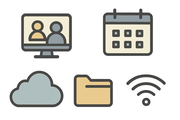 Business and technology icon set. Flat vector symbols for web and mobile. Online meeting, video conference, calendar, cloud data, folder, and wifi internet connection concept.