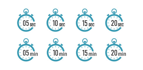Timer stopwatch icons set. Countdown clock symbol with 5, 10, 15, 20 seconds and minute time vector illustration.