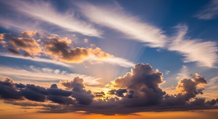 Obraz premium Dramatic Sky at Sunset with Clouds and Golden Light.