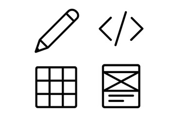 Minimalist web design icons set with pencil, code brackets, grid layout, and wireframe interface symbols, vector cartoon style with transparent background, editable UI elements