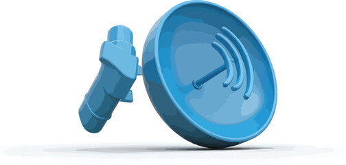 Blue satellite dish icon representing wireless communication, network technology, and global connectivity on a white background