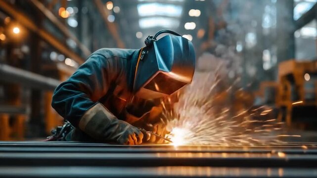Welder at Work: A skilled welder is focused on work at a manufacturing facility, sparks fly as the welding torch fuses metal, highlighting the precision and expertise.