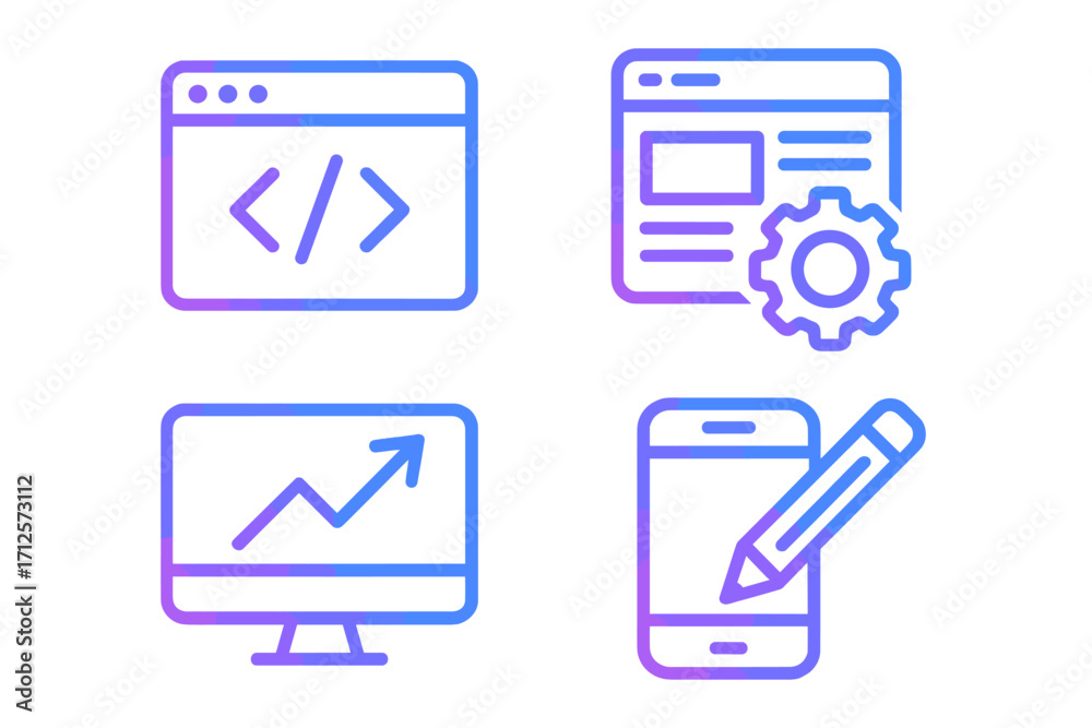 Wall mural modern gradient line icons set for web design, software development, coding, seo analytics, and mobi