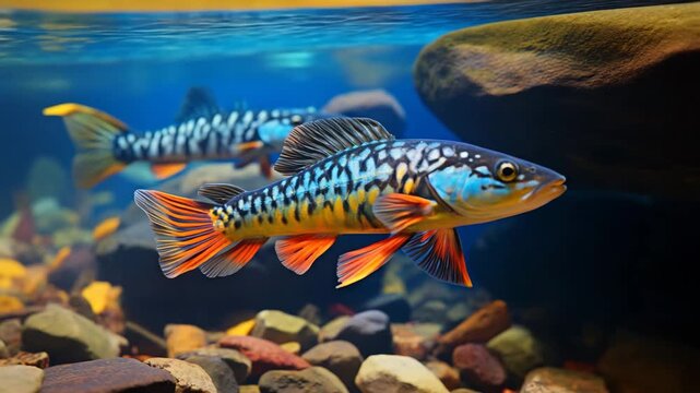 Colorful tropical fish swimming near rocks
