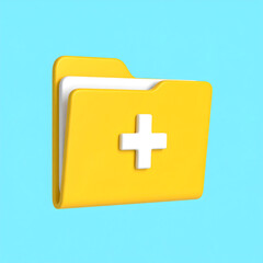 Obraz premium Bright yellow folder with a white medical cross symbol, representing healthcare records, digital files, and secure data storage on a blue background.