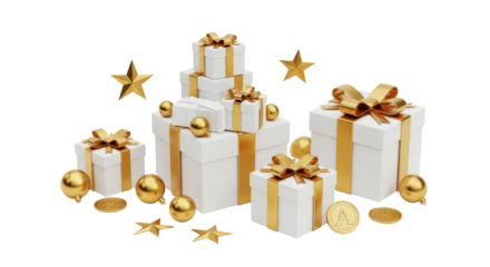 Isolated gift boxes stacked with golden ribbons and stars, festive decoration, present