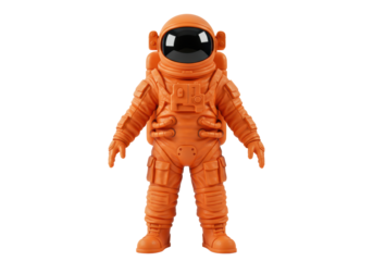 Isolated orange spacesuit astronaut toy, exploration concept for children, adventure fun