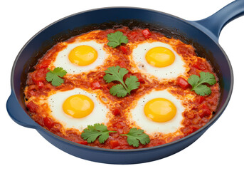 Isolated Shakshuka in a blue cast-iron pan, eggs poached in a tomato sauce with peppers, herbs