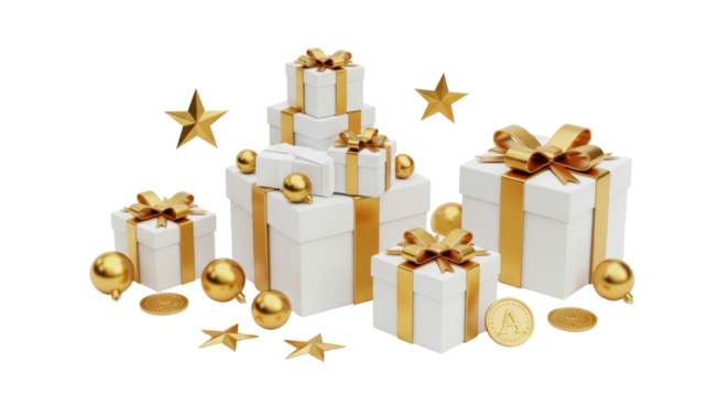 Isolated gift boxes stacked with golden ribbons and stars, festive decoration, present