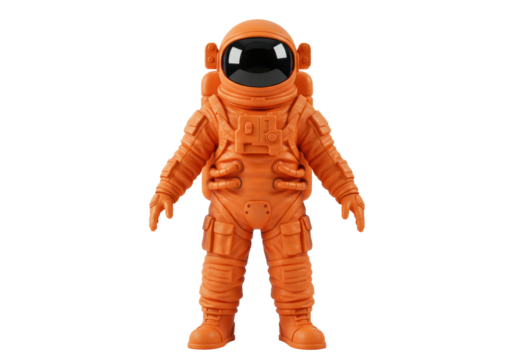 Isolated orange spacesuit astronaut toy, exploration concept for children, adventure fun