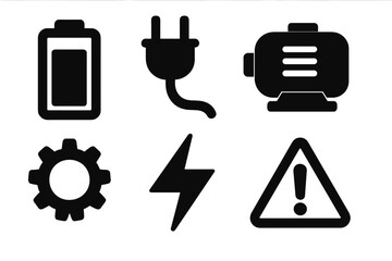 Silhouette Energy Icons Set Including Battery Plug Motor Gear Lightning Warning Triangle Vector Cartoon Illustration Transparent Background Ordered Collection