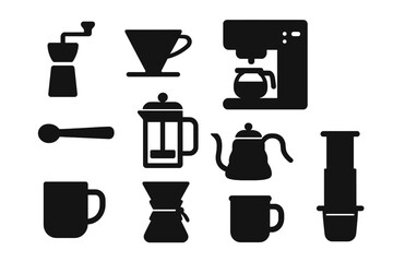 Silhouette coffee brewing equipment icons set for home barista, manual grinder, French press, pour-over dripper, kettle, coffee mugs, drip coffee maker, AeroPress