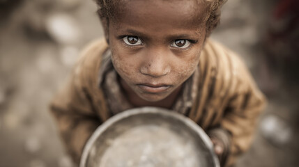 A young child with deep, expressive eyes holds an empty bowl, standing in a desolate environment, conveying emotions of vulnerability, desperation, and hope for better times.