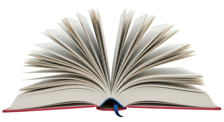 Isolated open book with blank pages and a red cover, standing up, a blue bookmark inside