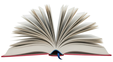 Isolated open book with blank pages and a red cover, standing up, a blue bookmark inside