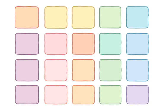 Soft pastel color swatches arranged in an artistic grid for design inspiration and color palette selection, vector cartoon illustration with transparent background, ordered layout